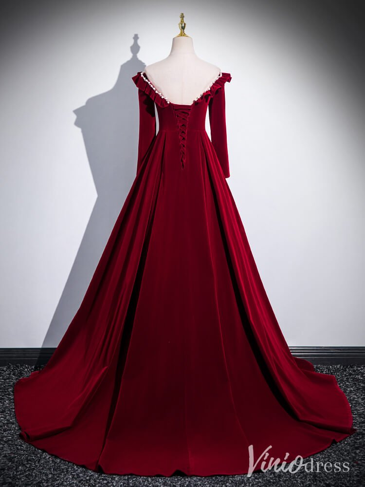 Burgundy Long Sleeve Prom Dresses Velvet Formal Gown AD1337-prom dresses 2025 -Viniodress-Burgundy-Custom Size-