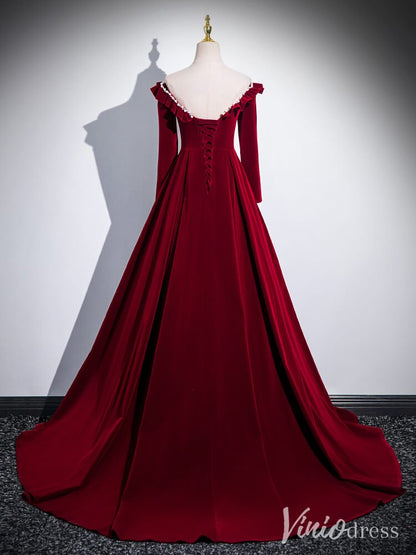 Burgundy Long Sleeve Prom Dresses Velvet Formal Gown AD1337-prom dresses 2025 -Viniodress-Burgundy-Custom Size-
