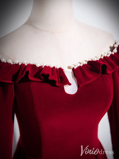 Burgundy Long Sleeve Prom Dresses Velvet Formal Gown AD1337-prom dresses 2025 -Viniodress-Burgundy-Custom Size-