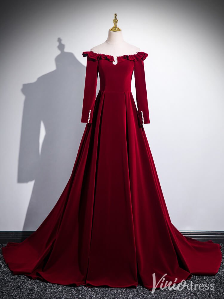 Burgundy Long Sleeve Prom Dresses Velvet Formal Gown AD1337-prom dresses 2025 -Viniodress-Burgundy-Custom Size-