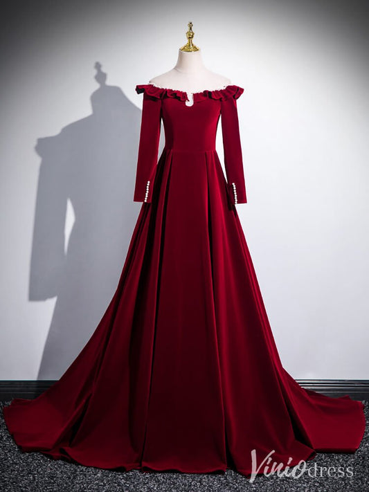 Burgundy Long Sleeve Prom Dresses Velvet Formal Gown AD1337-prom dresses 2025 -Viniodress-Burgundy-Custom Size-
