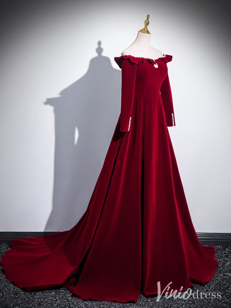 Burgundy Long Sleeve Prom Dresses Velvet Formal Gown AD1337 - Viniodressprom dressesBurgundyCustom Size - Formal Dresses - Ball Gowns