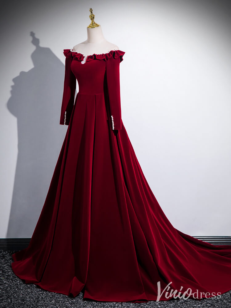 Prom Dress 2025 Burgundy Long Sleeve Cheap Prom Dresses Velvet Formal Gown AD1337-unique prom dresses-Burgundy-Custom Size-Viniodress