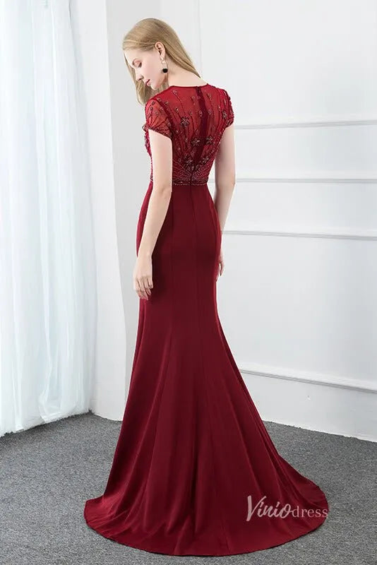 Burgundy Mermaid Prom Dresses Beaded Cap Sleeve Evening Dress FD2813-Evening Dresses 2025 -Viniodress-Burgundy-US 2-