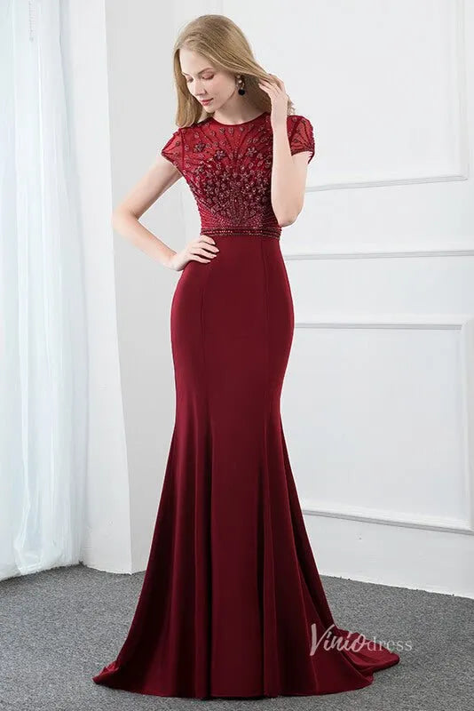 Burgundy Mermaid Prom Dresses Beaded Cap Sleeve Evening Dress FD2813-Evening Dresses 2025 -Viniodress-Burgundy-US 2-