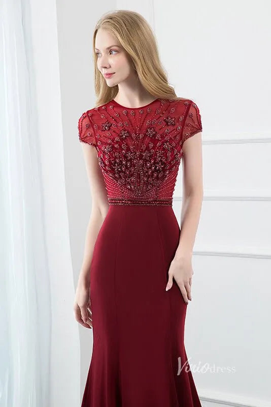 Burgundy Mermaid Prom Dresses Beaded Cap Sleeve Evening Dress FD2813-Evening Dresses 2025 -Viniodress-Burgundy-US 2-
