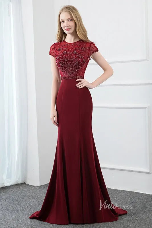 Burgundy Mermaid Prom Dresses Beaded Cap Sleeve Evening Dress FD2813-Evening Dresses 2025 -Viniodress-Burgundy-US 2-