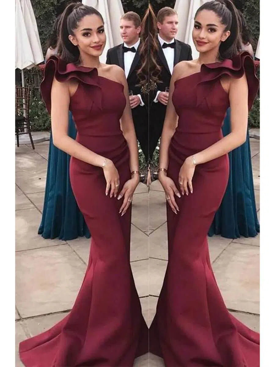 Burgundy Mermaid Prom Dresses One Shoulder Bridesmaid Dresses VB1021-prom dresses 2025 -Viniodress-Burgundy-Custom Size-