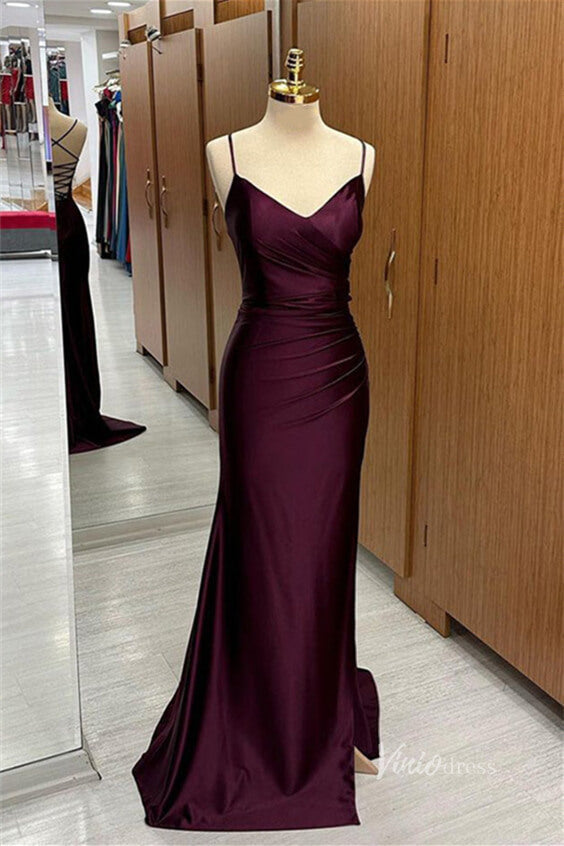 Burgundy Mermaid Satin Cheap Prom Dresses Pleated Bodice Spaghetti Strap FD3988-prom dresses-Viniodress-Burgundy-Custom Size-Viniodress