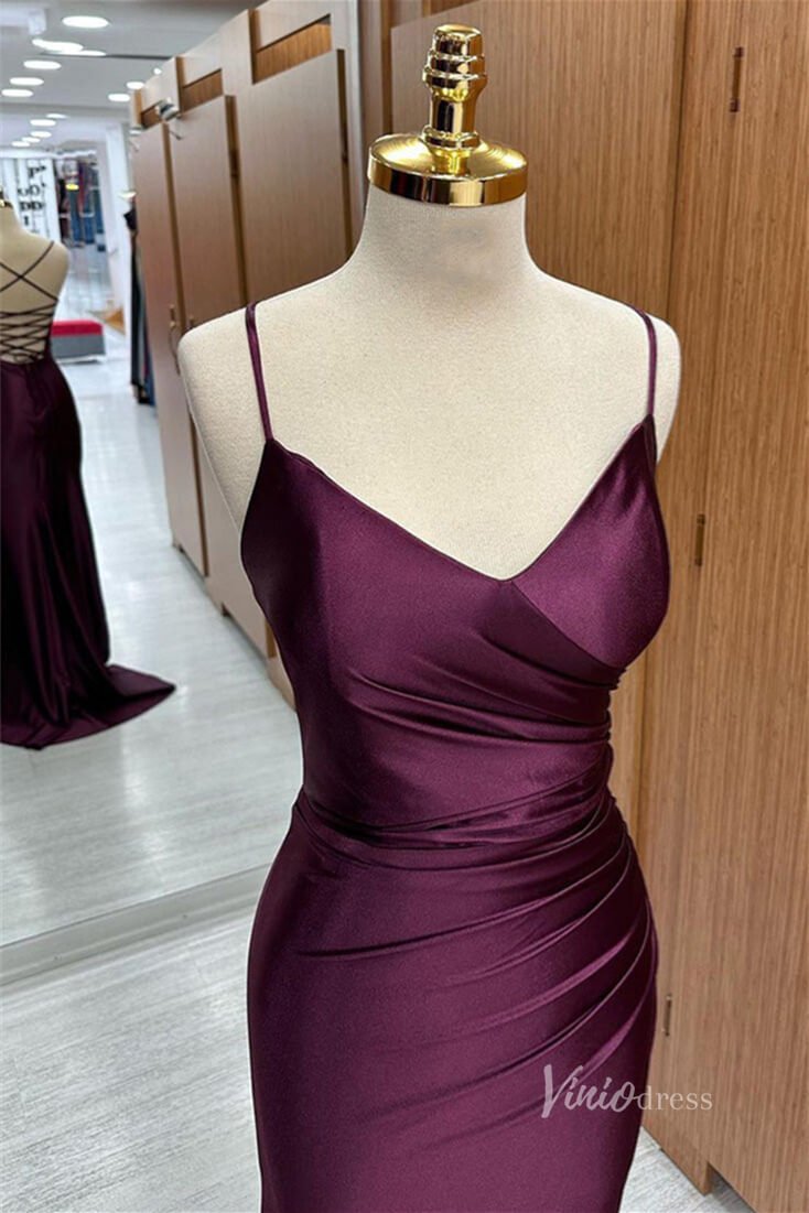 Burgundy Mermaid Satin Prom Dresses Pleated Bodice Spaghetti Strap FD3988-prom dresses 2025 -Viniodress-Burgundy-Custom Size-