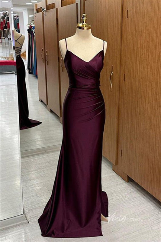 Burgundy Mermaid Satin Prom Dresses Pleated Bodice Spaghetti Strap FD3988-prom dresses 2025 -Viniodress-Burgundy-Custom Size-