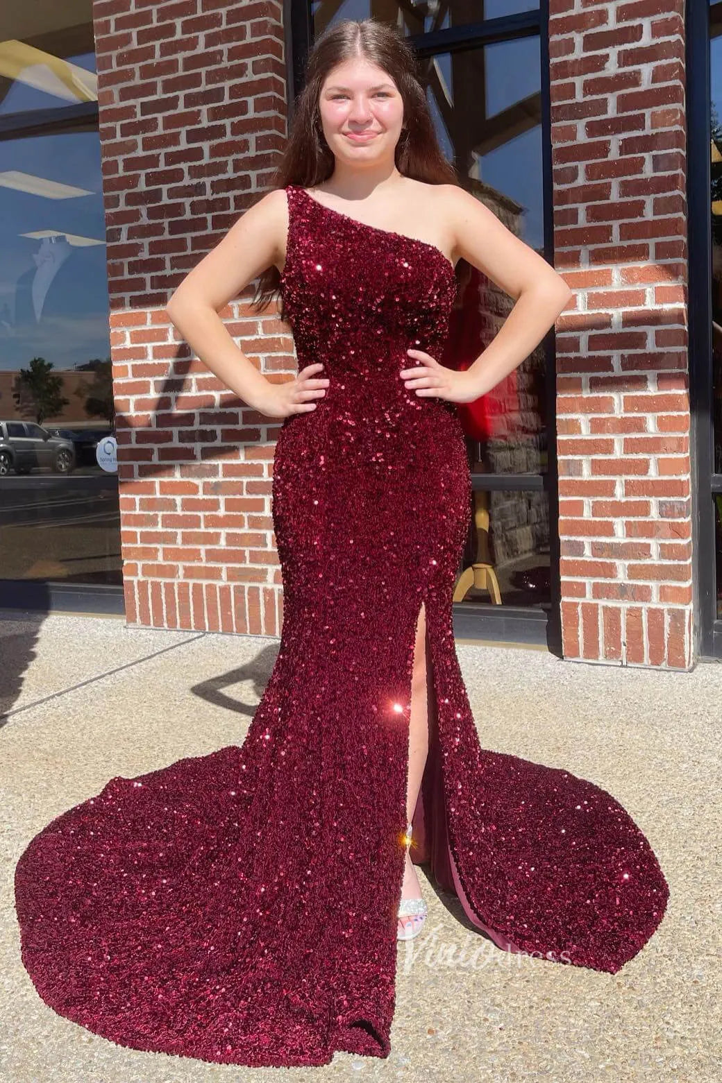 Burgundy Mermaid Sequin Prom Dress One Shoulder Formal Dresses FD2951-prom dresses 2025 -Viniodress-Burgundy-Custom Size-
