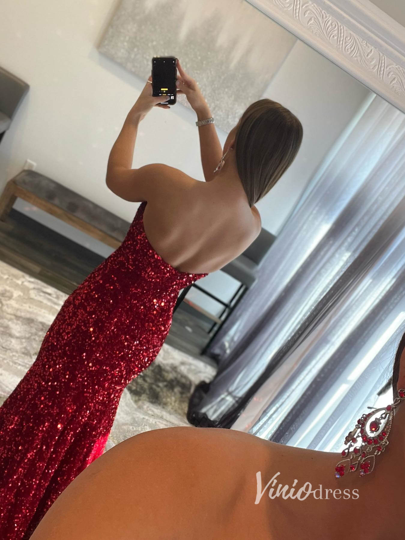 Burgundy Mermaid Sequin Prom Dresses With High Slit Strapless Evening Dress FD2928-prom dresses 2025 -Viniodress-Burgundy-Custom Size-