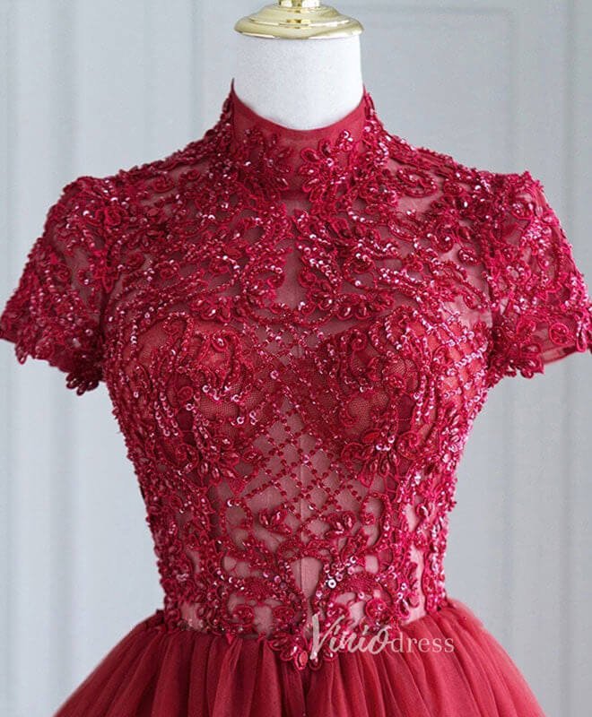 Burgundy Mid-Length Lace Applique Prom Dresses High Neck Short Formal Dress FD3154-prom dresses 2025 -Viniodress-Burgundy-Custom Size-