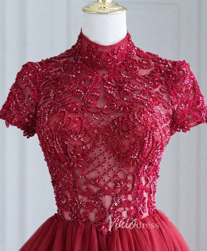 Burgundy Mid-Length Lace Applique Prom Dresses High Neck Short Formal Dress FD3154-prom dresses 2025 -Viniodress-Burgundy-Custom Size-