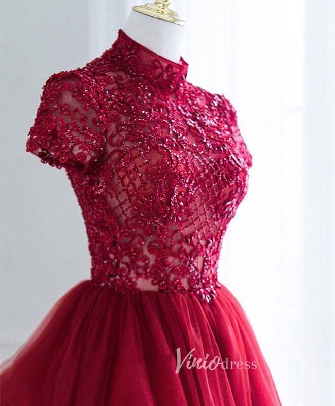 Burgundy Mid-Length Lace Applique Prom Dresses High Neck Short Formal Dress FD3154-prom dresses 2025 -Viniodress-Burgundy-Custom Size-