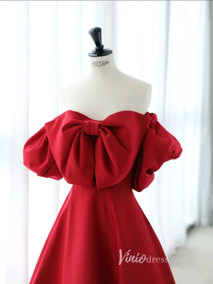 Burgundy Off the Shoulder Prom Dresses Bow-Tie Satin Formal Dress AD1043-prom dresses 2025 -Viniodress-Burgundy-Custom Size-