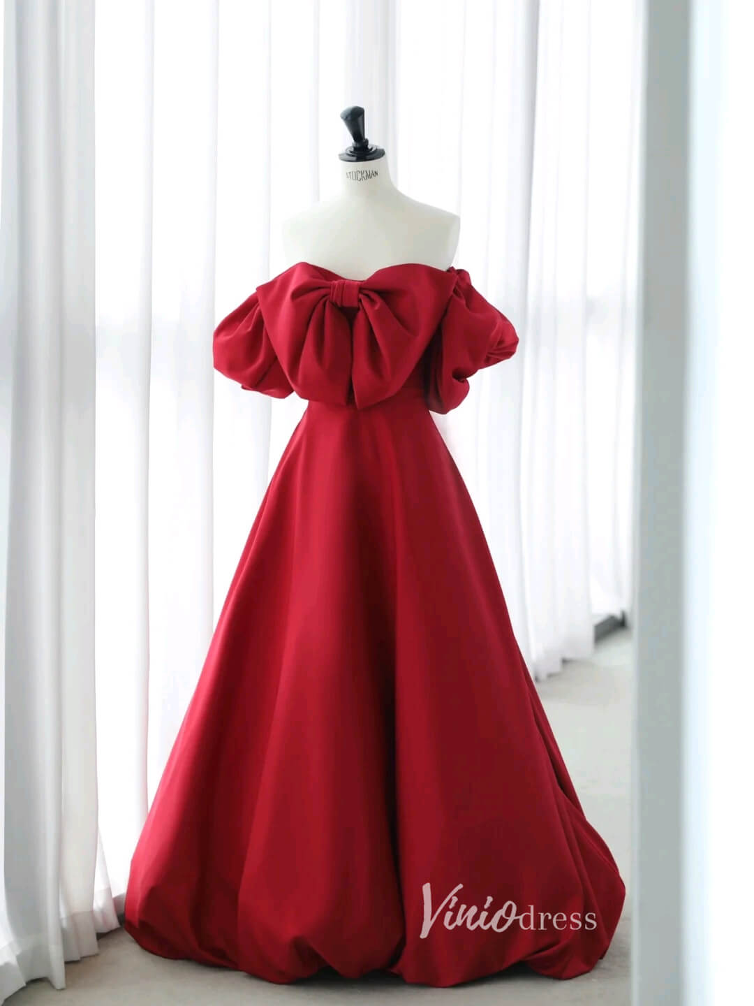 Burgundy Off the Shoulder Prom Dresses Bow-Tie Satin Formal Dress AD1043-prom dresses 2025 -Viniodress-Burgundy-Custom Size-