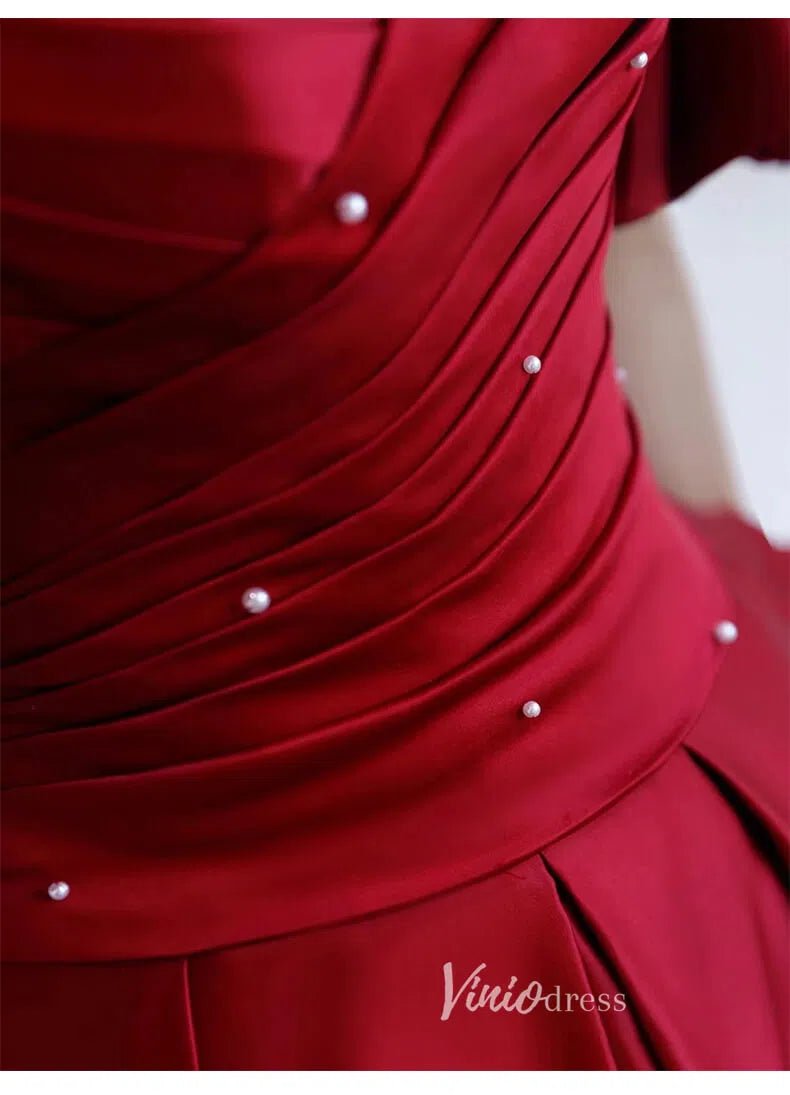 Burgundy Off the Shoulder Prom Dresses Pleated A-Line Evening Dress FD3168-prom dresses 2025 -Viniodress-Burgundy-Custom Size-