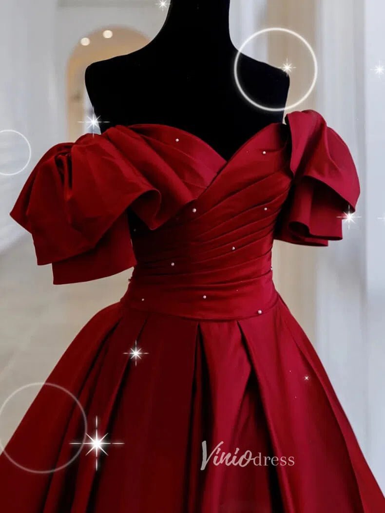 Burgundy Off the Shoulder Prom Dresses Pleated A-Line Evening Dress FD3168-prom dresses 2025 -Viniodress-Burgundy-Custom Size-