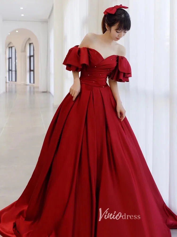 Burgundy Off the Shoulder Prom Dresses Pleated A-Line Evening Dress FD3168-prom dresses 2025 -Viniodress-Burgundy-Custom Size-