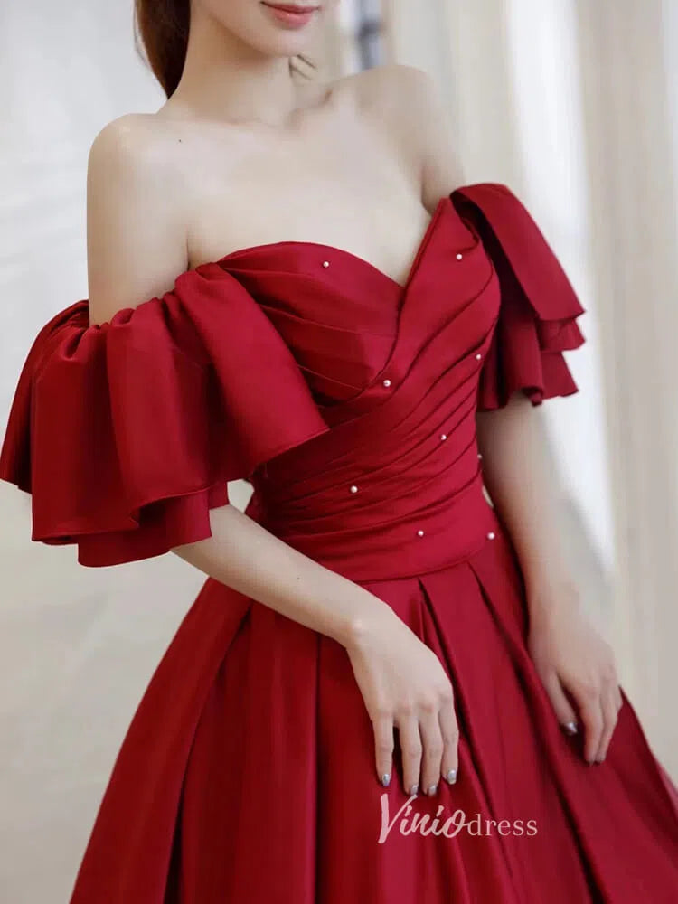 Burgundy Off the Shoulder Prom Dresses Pleated A-Line Evening Dress FD3168-prom dresses-Viniodress-Viniodress