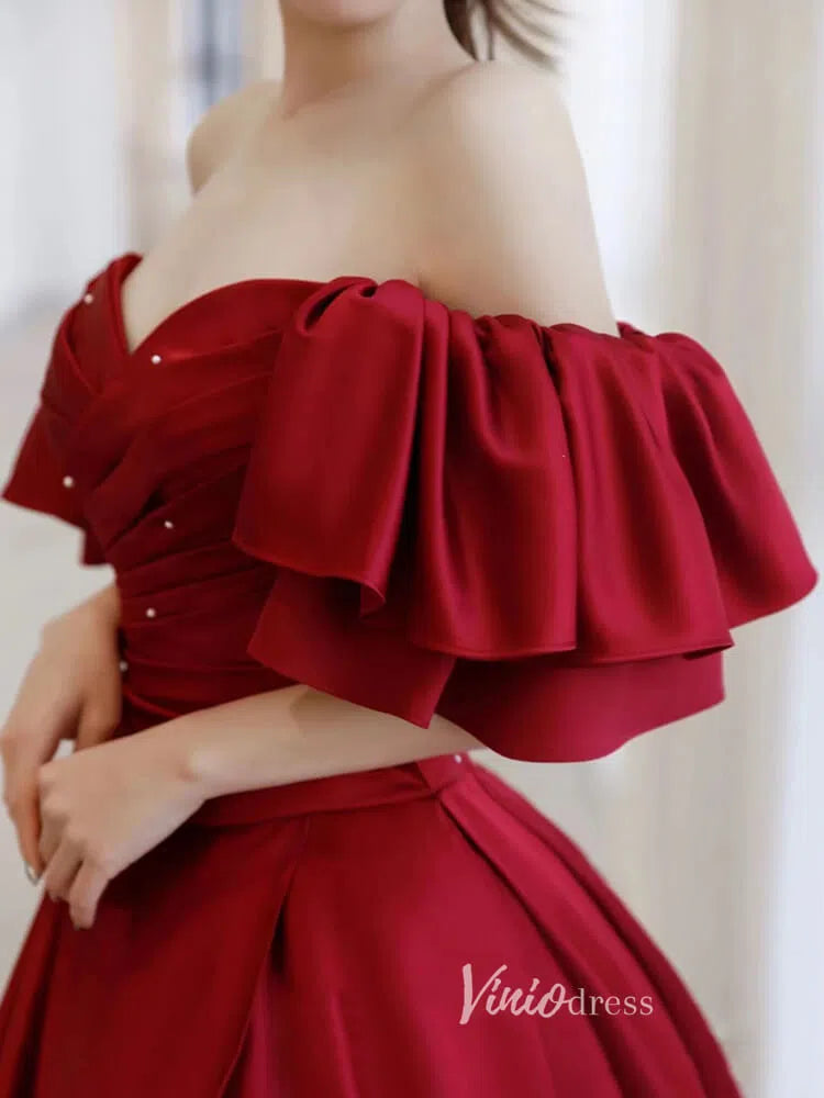 Burgundy Off the Shoulder Prom Dresses Pleated A-Line Evening Dress FD3168-prom dresses-Viniodress-Viniodress