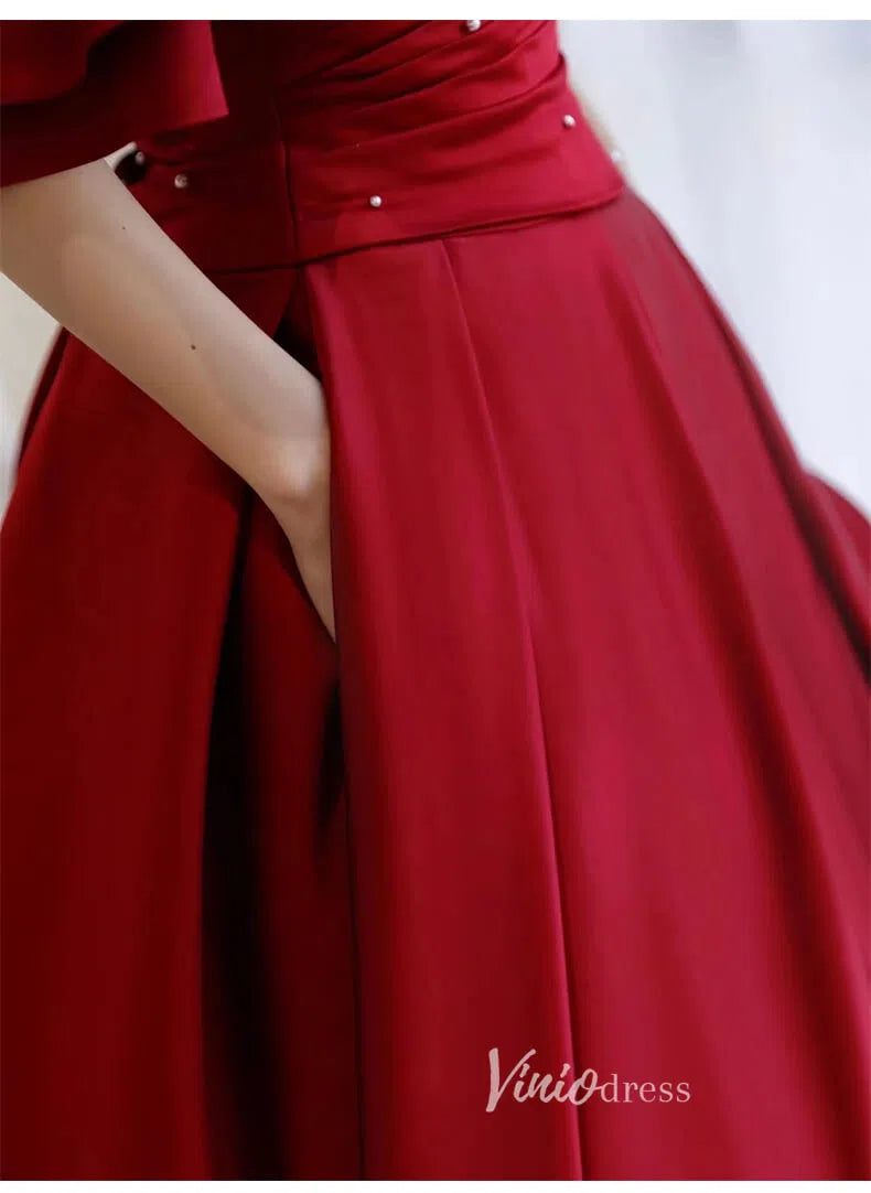 Burgundy Off the Shoulder Prom Dresses Pleated A-Line Evening Dress FD3168-prom dresses-Viniodress-Viniodress