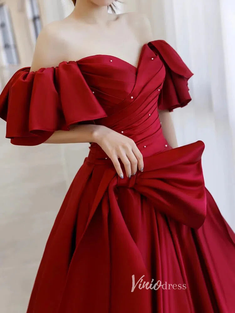 Burgundy Off the Shoulder Prom Dresses Pleated A-Line Evening Dress FD3168-prom dresses-Viniodress-Viniodress