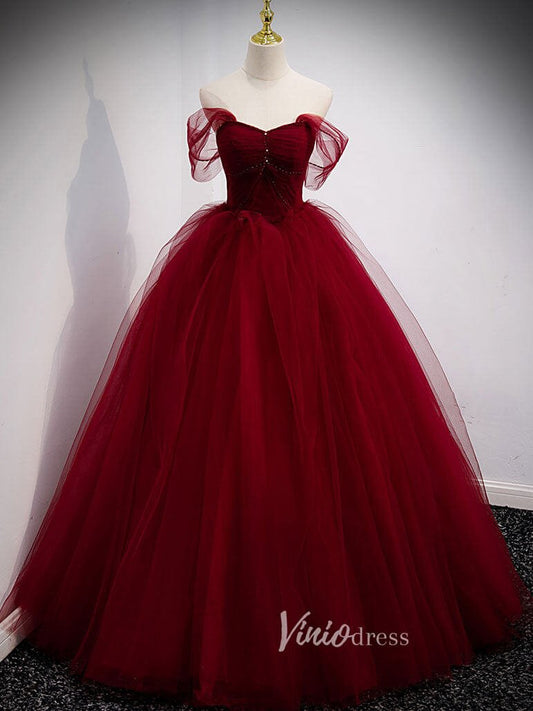 Burgundy Off the Shoulder Prom Dresses Pleated Evening Dress FD3176-prom dresses 2025 -Viniodress-Burgundy-Custom Size-
