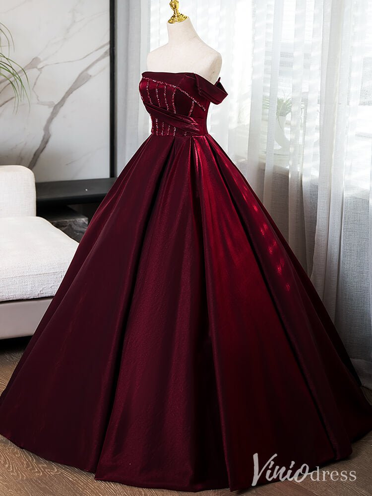 Burgundy Off the Shoulder Prom Dresses Shiny Satin Ball Gown AD1357-prom dresses 2025 -Viniodress-Burgundy-Custom Size-