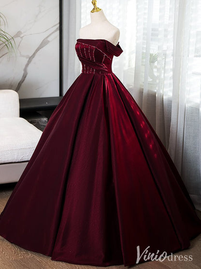 Burgundy Off the Shoulder Prom Dresses Shiny Satin Ball Gown AD1357-prom dresses 2025 -Viniodress-Burgundy-Custom Size-
