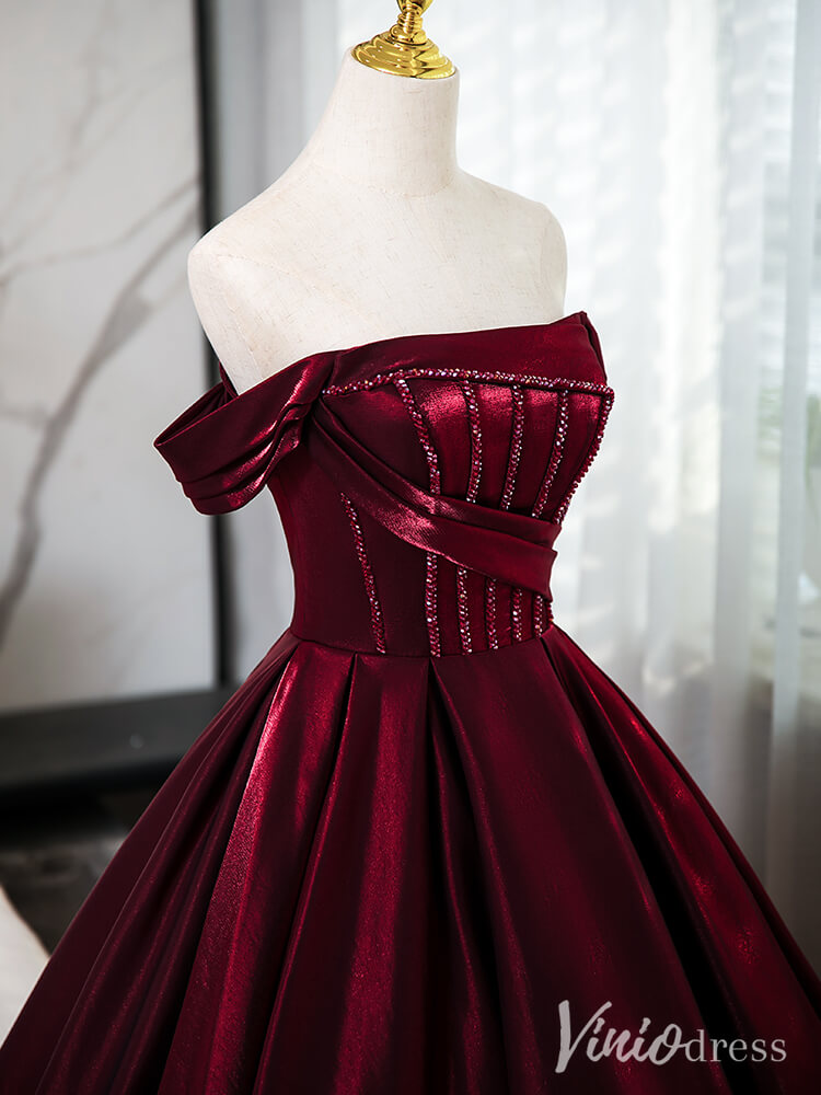 Burgundy Off the Shoulder Prom Dresses Shiny Satin Ball Gown AD1357-prom dresses-Viniodress-Viniodress