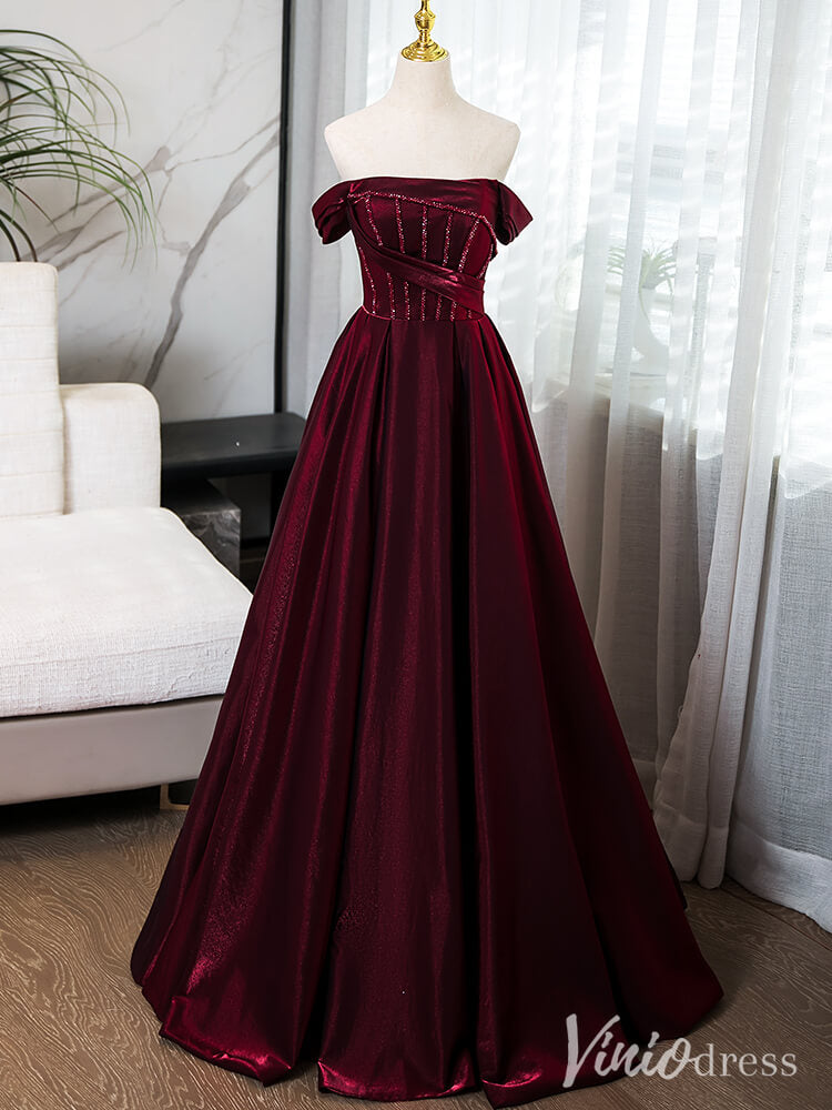 Burgundy Off the Shoulder Prom Dresses Shiny Satin Ball Gown AD1357-prom dresses-Viniodress-Viniodress