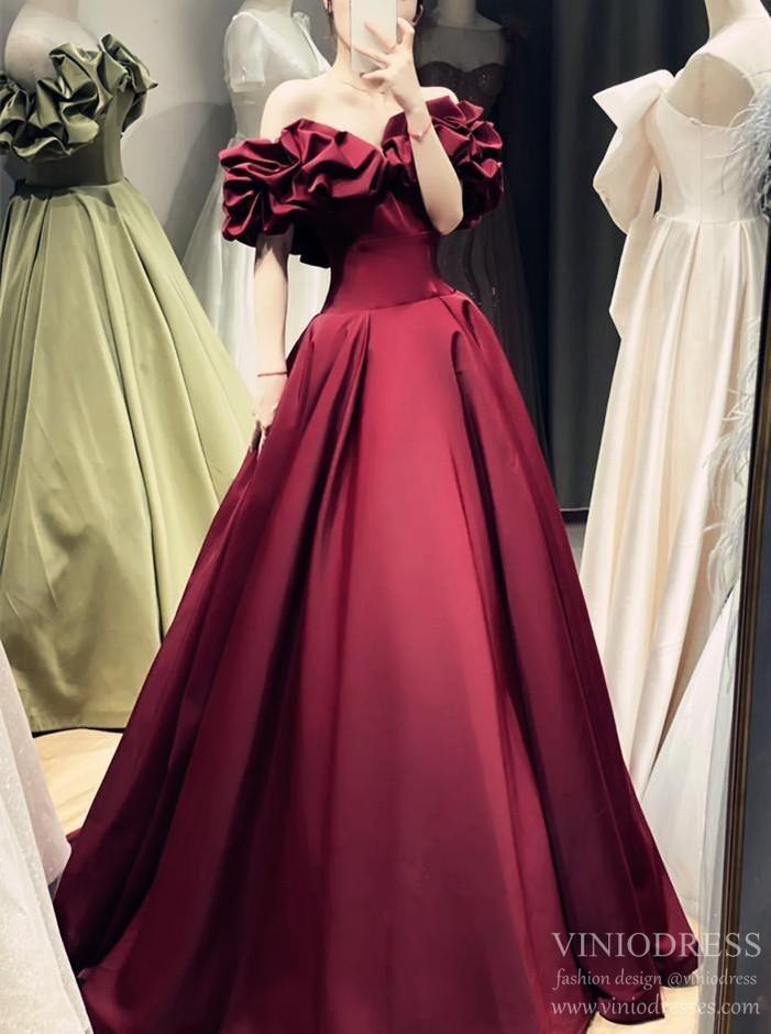 Prom Dress 2025 Burgundy Off the Shoulder Prom Dresses with Pockets FD2605-unique Prom Dresses-Burgundy-US2-Viniodress