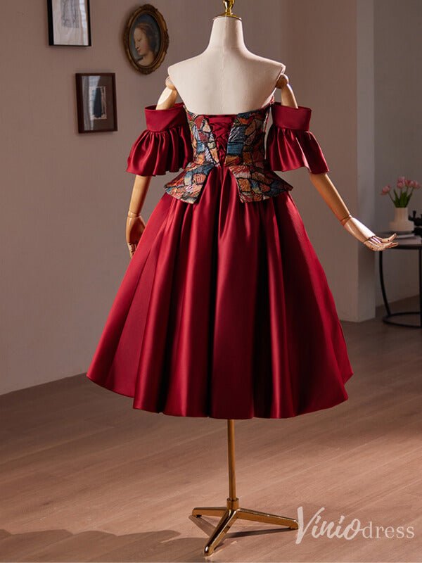 Burgundy Off the Shoulder Satin Homecoming Dress Jacquard Hoco 2024 Graduation Dress 8019-prom dresses 2025 -Viniodress-Burgundy-Custom Size-