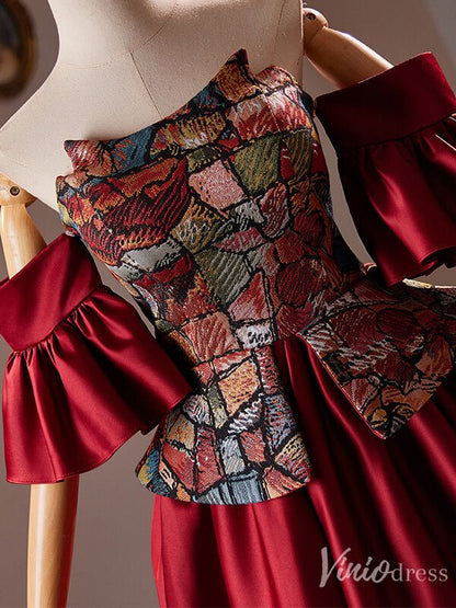 Burgundy Off the Shoulder Satin Homecoming Dress Jacquard Hoco 2024 Graduation Dress 8019-prom dresses 2025 -Viniodress-Burgundy-Custom Size-