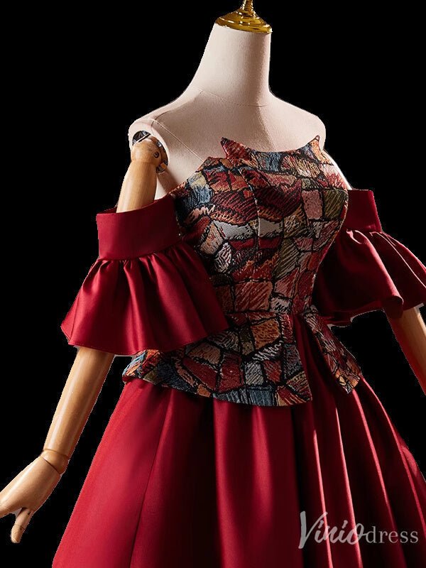 Burgundy Off the Shoulder Satin Homecoming Dress Jacquard Hoco 2024 Graduation Dress 8019-prom dresses 2025 -Viniodress-Burgundy-Custom Size-