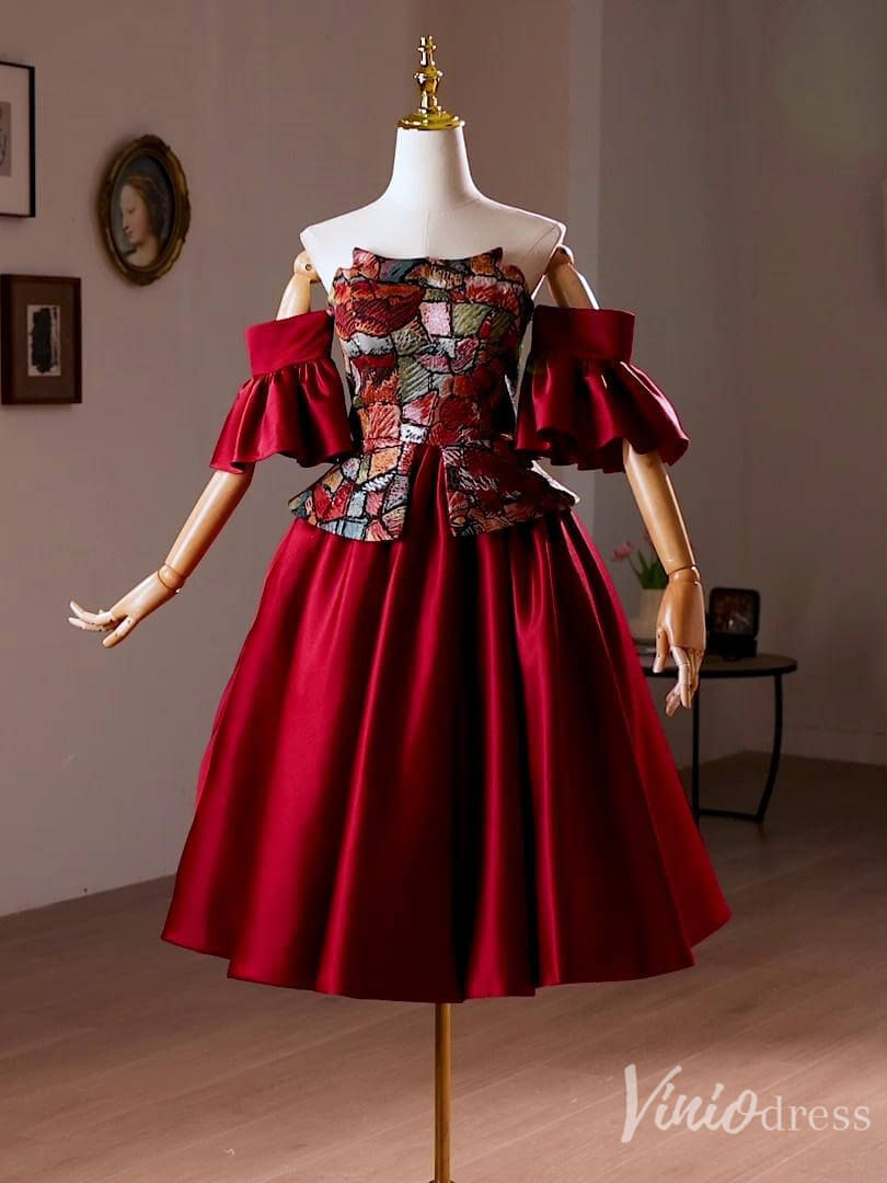 Burgundy Off the Shoulder Satin Homecoming Dress Jacquard Hoco 2024 Graduation Dress 8019-prom dresses 2025 -Viniodress-Burgundy-Custom Size-