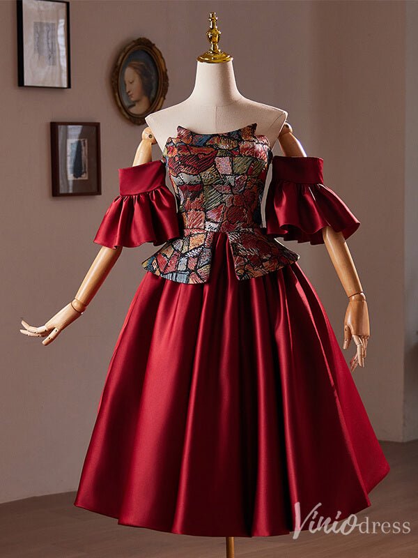 Burgundy Off the Shoulder Satin Homecoming Dress Jacquard Hoco 2024 Graduation Dress 8019-prom dresses 2025 -Viniodress-Burgundy-Custom Size-