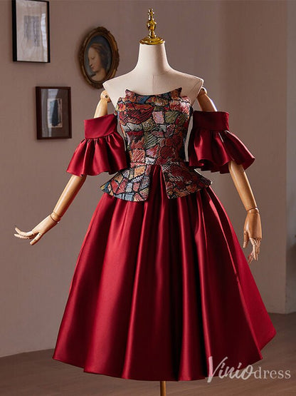 Burgundy Off the Shoulder Satin Homecoming Dress Jacquard Hoco 2024 Graduation Dress 8019-prom dresses 2025 -Viniodress-Burgundy-Custom Size-