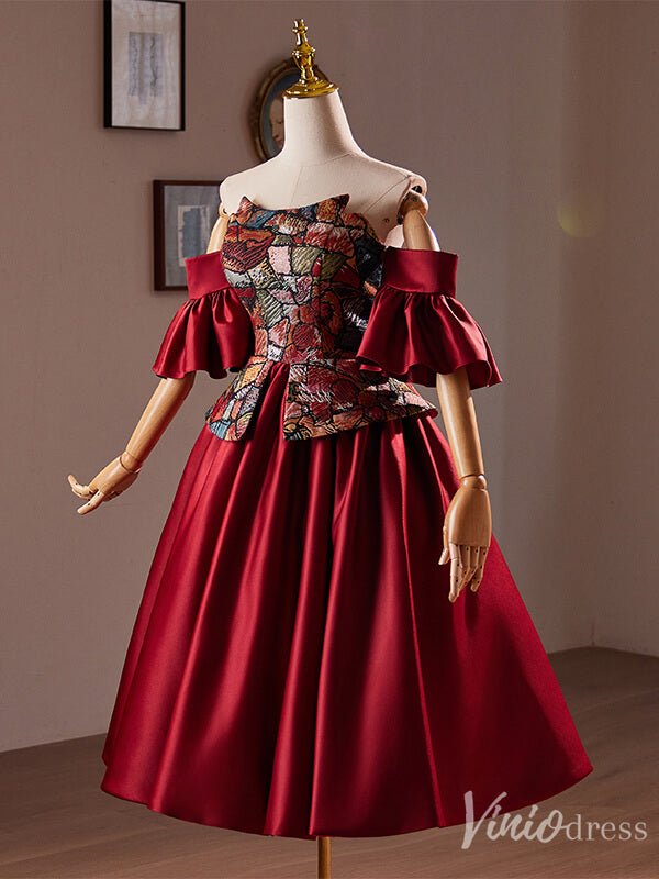 Burgundy Off the Shoulder Satin Homecoming Dress Jacquard Hoco 2024 Graduation Dress 8019-prom dresses 2025 -Viniodress-Burgundy-Custom Size-