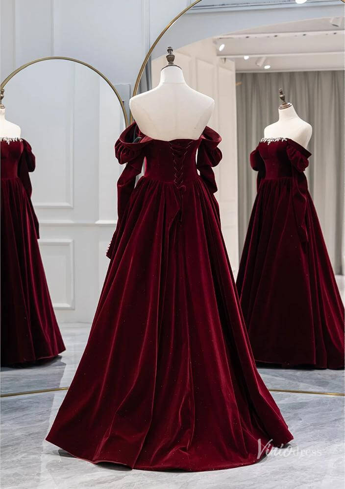 Burgundy Off the Shouler Velvet Prom Ball Gown Removable Long Sleeve Formal Dresses BG082-prom dresses 2025 -Viniodress-Burgundy-Custom Size-
