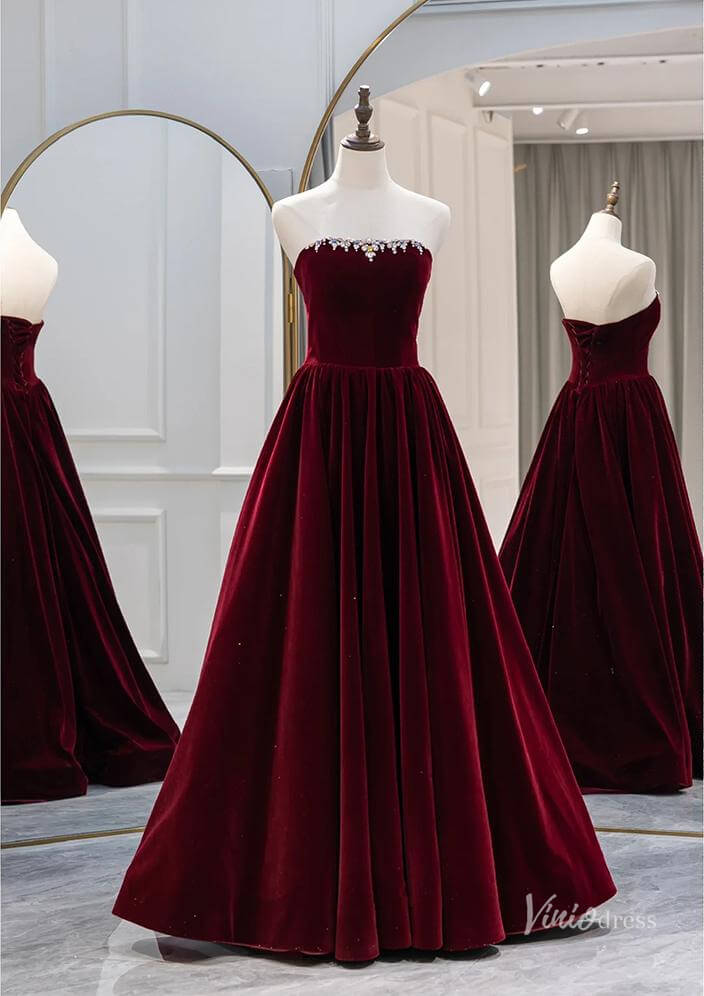Burgundy Off the Shouler Velvet Prom Ball Gown Removable Long Sleeve Formal Dresses BG082-prom dresses 2025 -Viniodress-Burgundy-Custom Size-