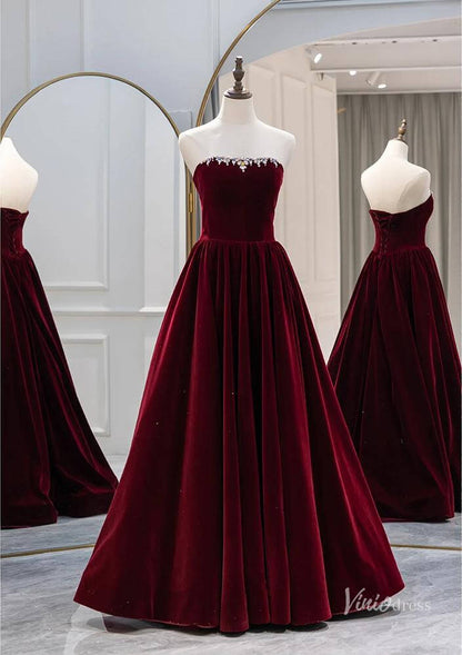 Burgundy Off the Shouler Velvet Prom Ball Gown Removable Long Sleeve Formal Dresses BG082-prom dresses 2025 -Viniodress-Burgundy-Custom Size-