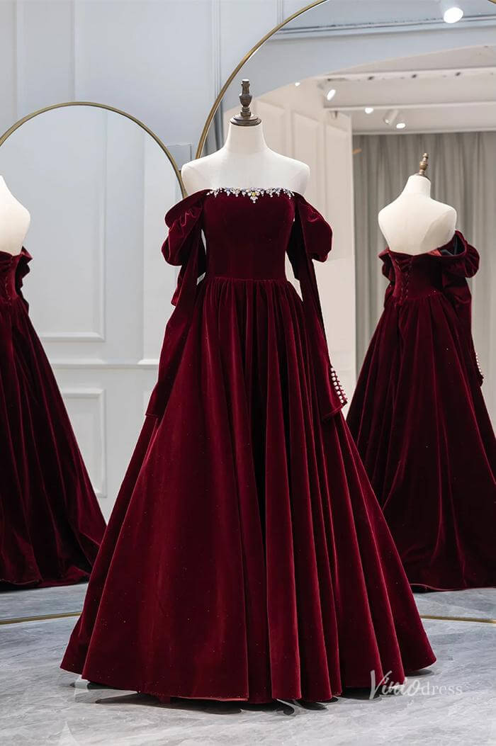 Burgundy Off the Shouler Velvet Prom Ball Gown Removable Long Sleeve Formal Dresses BG082-prom dresses 2025 -Viniodress-Burgundy-Custom Size-