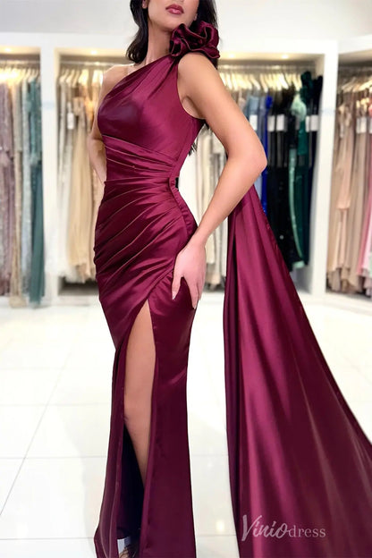 Burgundy One-Shoulder Satin Evening Gown with Ruched Bodice, Shoulder Bow, High Slit & Sweep Train – SS003-prom dresses 2025 -Viniodress-Burgundy-Custom Size-