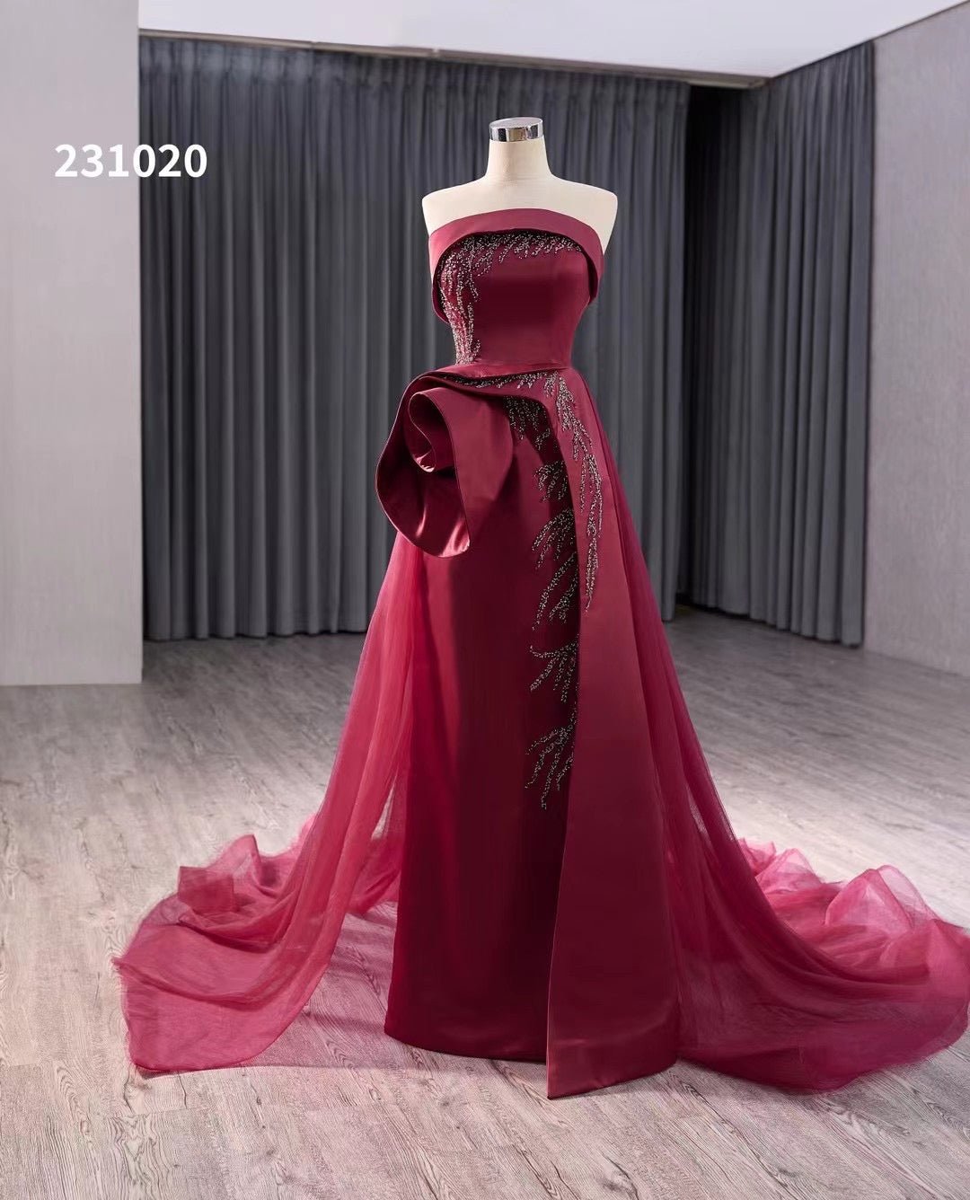 Burgundy Overskirt Prom Dresses Strapless Rosette Pageant Gown 231020 Viniodress Burgundy Overskirt Prom Dresses Strapless Rosette Pageant Gown 231020 Viniodress