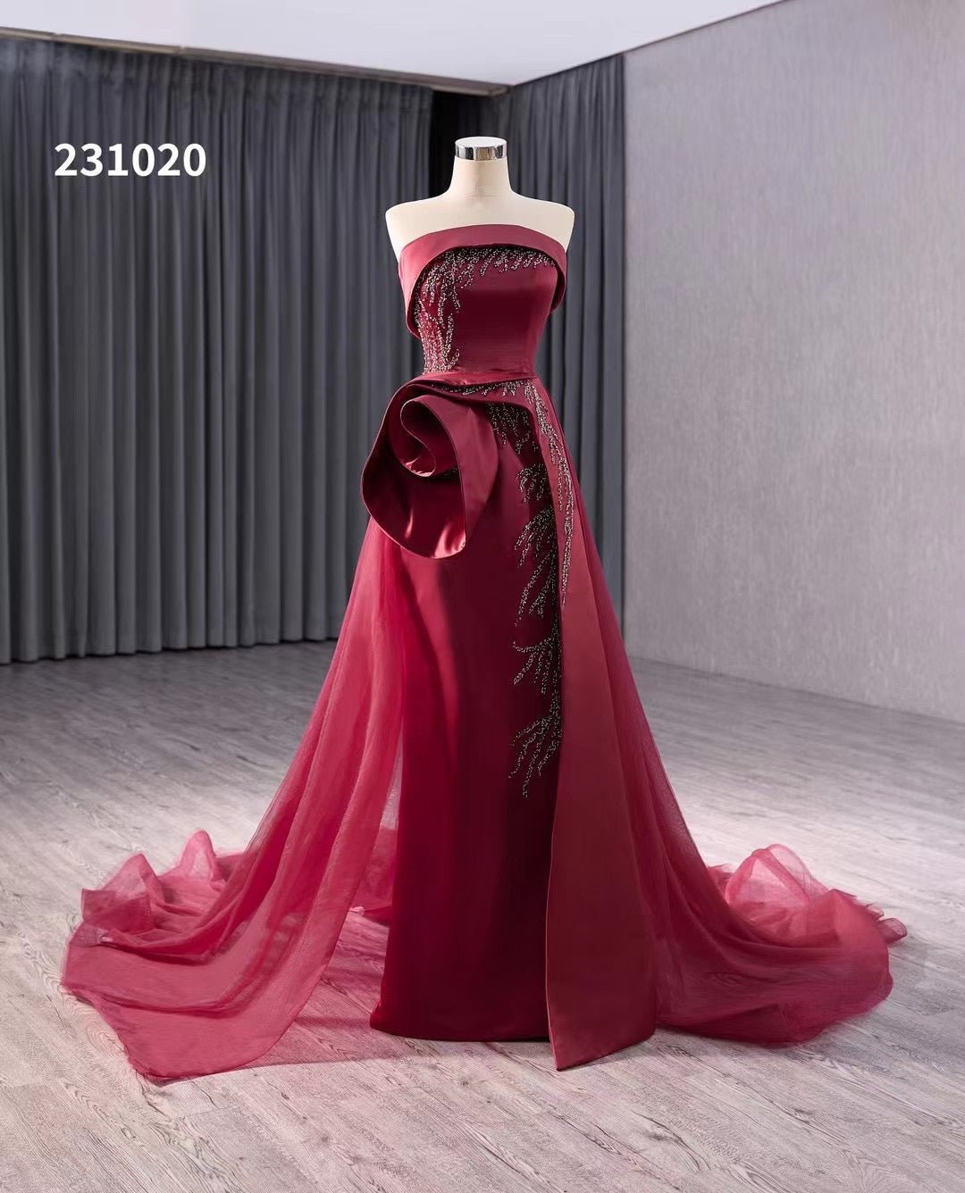 Burgundy Overskirt Prom Dresses Strapless Rosette Pageant Gown 231020-prom dresses 2025 -Viniodress-Burgundy-Custom Size-