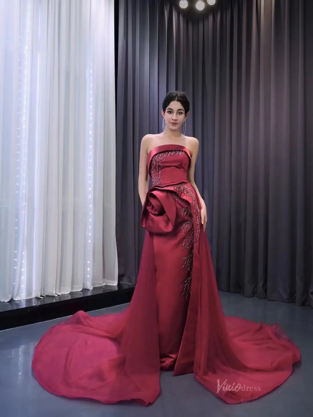 Burgundy Overskirt Prom Dresses Strapless Rosette Pageant Gown 231020-prom dresses 2025 -Viniodress-Burgundy-Custom Size-